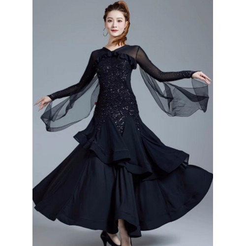 Women black red sequins ballroom dance dresses waltz tango foxtrot smooth dance long gown with float sleeves for lady